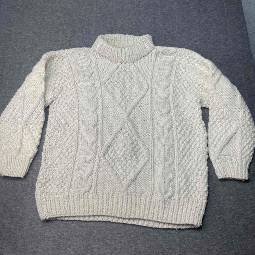 Vintage Gypsy Rose Sweater Women Large Ivory Chunky Ecuador‎ Hand Knit Warm
